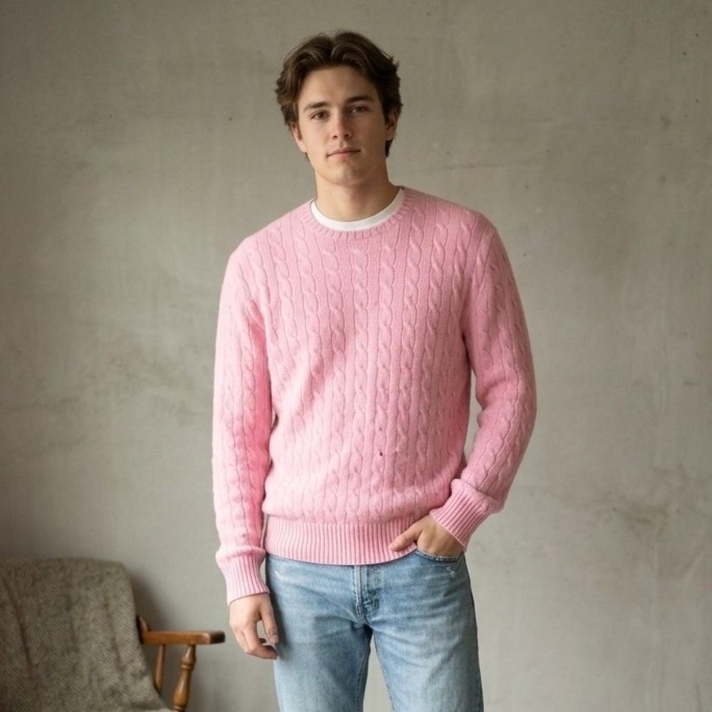 Polo Ralph Lauren Mens Cashmere Sweater XL Pink Cable Knit Preppy Old Money FLAW
